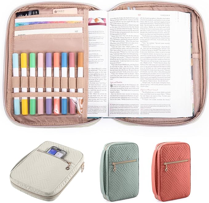 Quilted Bible Cover for Women, Large Bible Bag with Handle & Shoulder Strap, Bible Study Supplies Organizer, Zipper Bible Carrying Case, Christian Gift Book Cover Fits 9 x 6 Bible