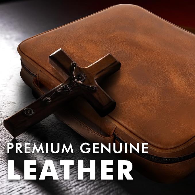 ELIZO Leather Bible Cover for Men Bible Case for Women Zippered Holder Protector Cross Church Tote Bag Carrying Organizer Sleeve Gift Standard Tan