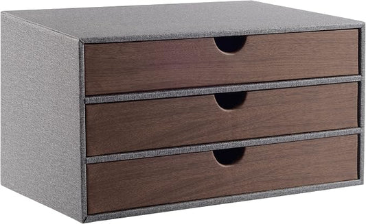 Cloth-effect Faux Leather Desk Organizer File Cabinet Executive Office Supplies Desktop Filing A4 Contract Document Stackable Storage Box with 3 Drawers (Grey)