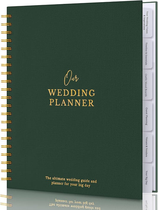 Timeless Premium Linen Wedding Planner Book and Organizer – Wedding Planning Book, Comprehensive Keepsake & Countdown Binder, Perfect Engagement Gift for Women, 11" x 9" (Forest)