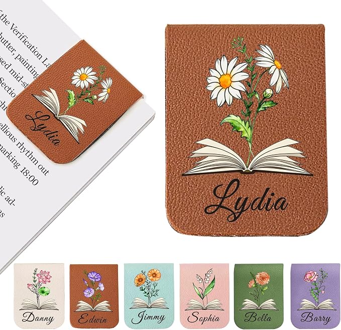 EDSG Personalized Magnetic Bookmarks, Leather Bookmark Clip with Birth Flower & Name, Custom Bookmarks for Book Lovers, Readers, Teacher, Book Mark for Women Men Christmas (Brown-Magnetic V1)
