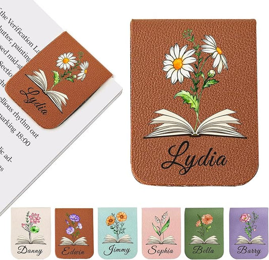 EDSG Personalized Magnetic Bookmarks, Leather Bookmark Clip with Birth Flower & Name, Custom Bookmarks for Book Lovers, Readers, Teacher, Book Mark for Women Men Christmas (Brown-Magnetic V1)