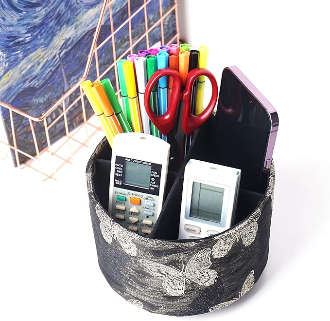 Round Leather Art Supply Organizer,Remote Control Holder,360-degree Rotating Pen Organizer with 4 Compartments(1-Butterfly Gold)