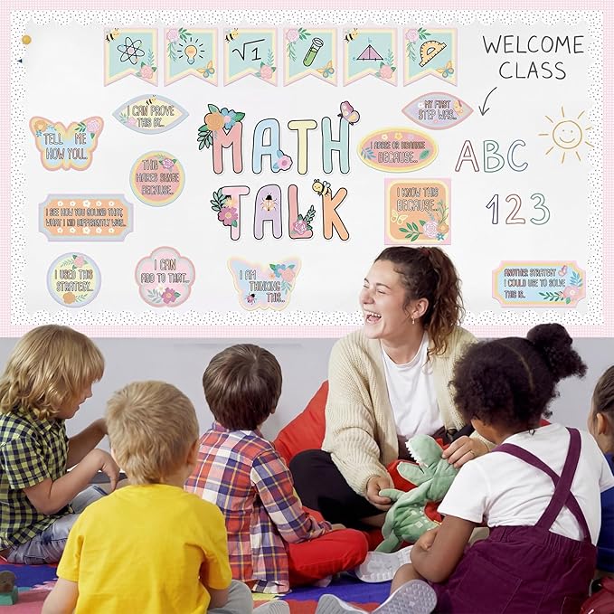 AmazingSpark Pink Floral Math Talk Bulletin Board Set Classroom Decorations Educational Maths Paper Cutouts Back to School Bulletin Board Decor Elementary Middle School Wall Decor Supplies