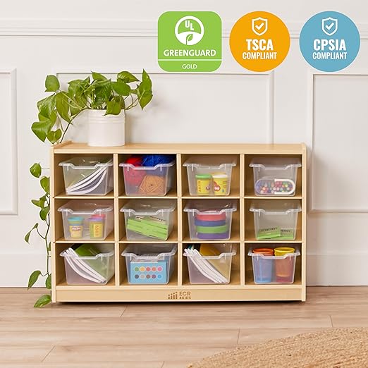 ECR4Kids 12 Cubby Tray Cabinet with Scoop Front Storage Bins , Classroom Furniture, Clear, 12-Piece