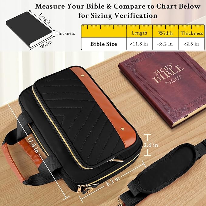 Bible Cover Case for Women, Large Quilted Bible Bag with Bible Study Supplies 5*Sticker & 5*Highlighter & 5*Pen, Stylish Church Bag Journaling Kit, Mothers Day Christian Gifts (Black)