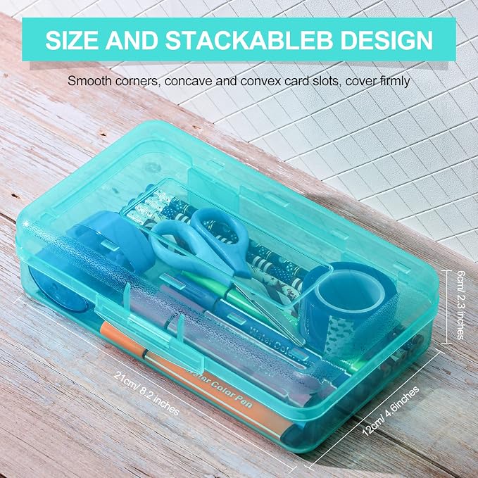 Leelosp 12 Pack Clear Pencil Boxes for School Bulk, Large Plastic Pencil Case with Lid, Stackable Hard Crayon Storage Box for Classroom Kids, Desk Drawer Organizer for Office Home(Jade)