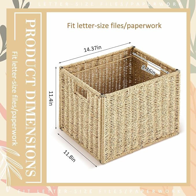 Jingmore Hanging File Box, Paper Rope Collapsible Woven File Organizer for Letter Size Files, Portable Decorative Storage Basket with Handles for Home Office Decor