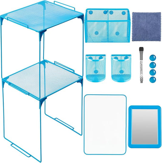 Ctosree 13 Pcs Locker Organizer and Accessories Kit Stackable Mesh Locker Shelf, Pen Holder, Magnetic Mirror, Whiteboard, Cloth, Marker, Magnet for Classroom Back to School Essentials(Blue)