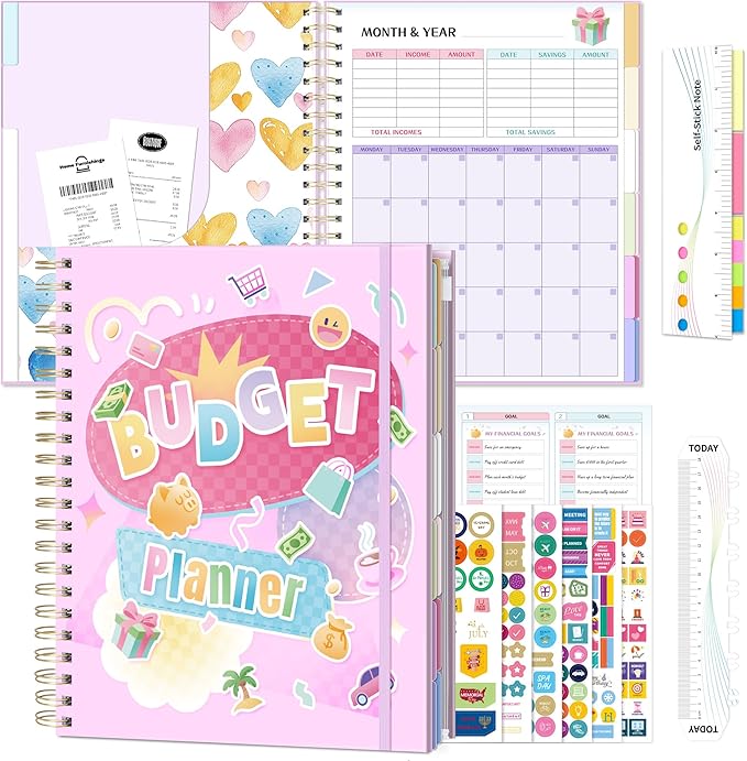 Ospelelf Oversized Budget Planner and Monthly Bill Organizer, Spiral Bindding Money Expense Tracker with Pockets & Stickers, 9" X 11" Large Pages for Spacious Writing, Original Fun Colorful Design, 12 Month Financial Notebook Pink