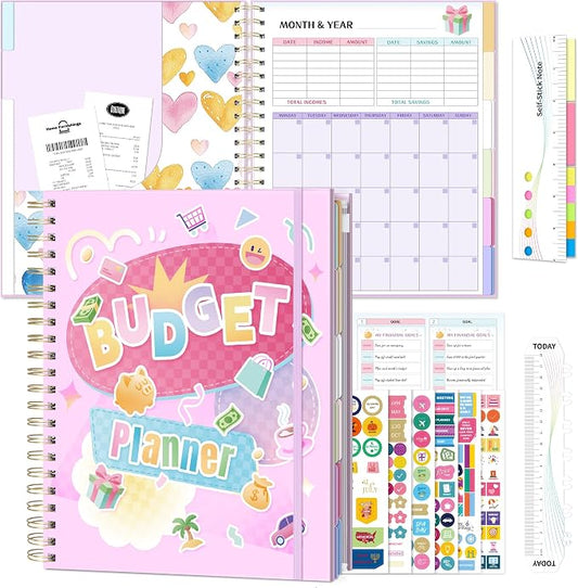 Ospelelf Oversized Budget Planner and Monthly Bill Organizer, Spiral Bindding Money Expense Tracker with Pockets & Stickers, 9" X 11" Large Pages for Spacious Writing, Original Fun Colorful Design, 12 Month Financial Notebook Pink