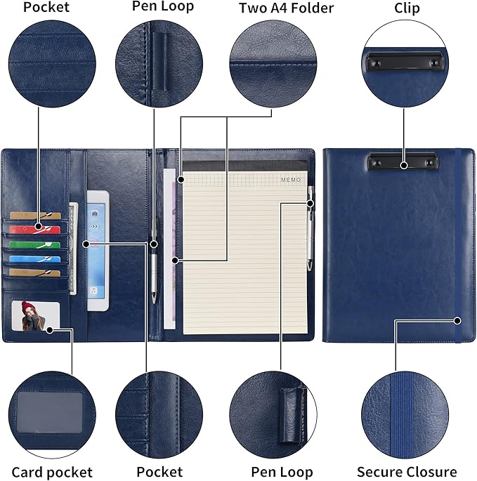 Wonderpool A4 PU Leather Clipboard Partfolio Notepad Forms Holders Document Case - Interview Planner Meeting Writing Padfolio File for Office Travel School Hotel Hospital (A4,Blue)