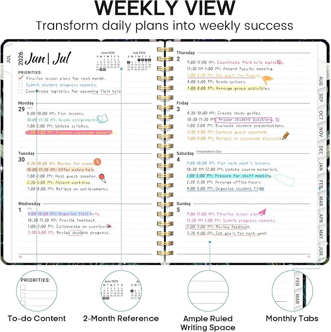 Academic Planner 2026-2027, Weekly and Monthly Calendar Book, July 2026 – June 2027, Hardcover Planner with Tabs, Perfect for Teachers, Students, Women & Men, A4 (8.5" x 11") - StarryGarden