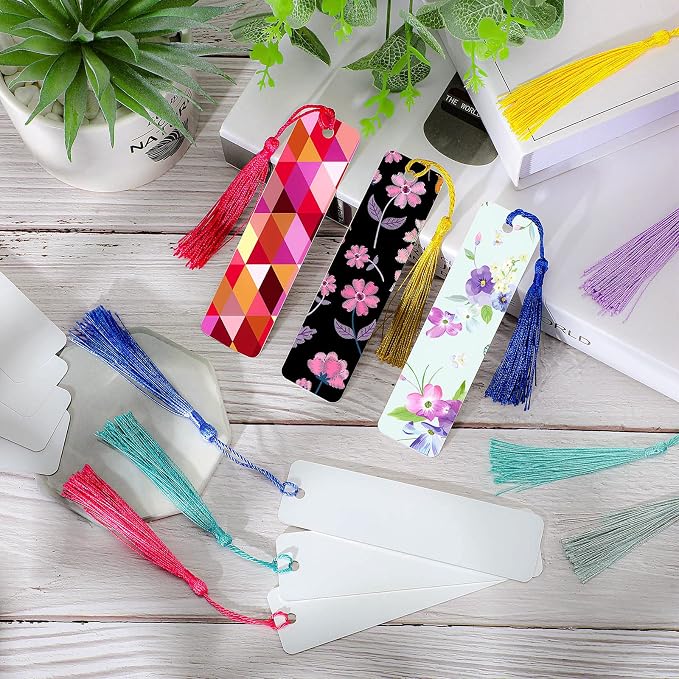 Tenare 50 Pcs Sublimation Blank Bookmarks Metal Heat Transfer Aluminum Bookmarks Bulk with Hole and Colorful Tassels for School Birthday Wedding DIY Projects and Gift Tag