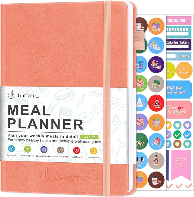 JUBTIC Weekly Meal Planner Notebook, Daily Meal Prep Journal with Shopping and Grocery Lists for Food Planning Menu Planning Healthy Diet or Weight Loss Tracking, Last 1 Year,Undated, A5, Pink