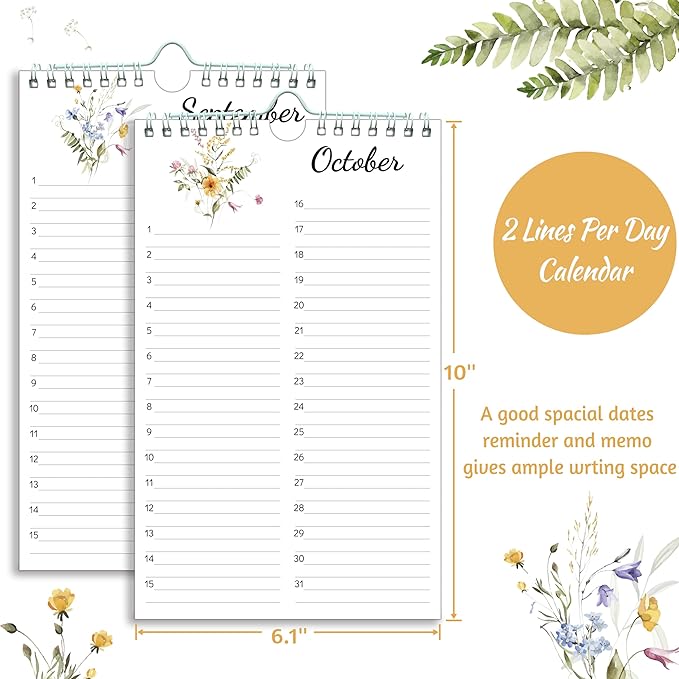 Perpetual Calendar – Undated Calendar 12-Month for Birthday, Anniversaries, Important Days, Festivals Reminder, 6'' x 10'' with 2 Lines Per Days, Twin-wire Binding, Thicker Paper, Minimalist Flowers