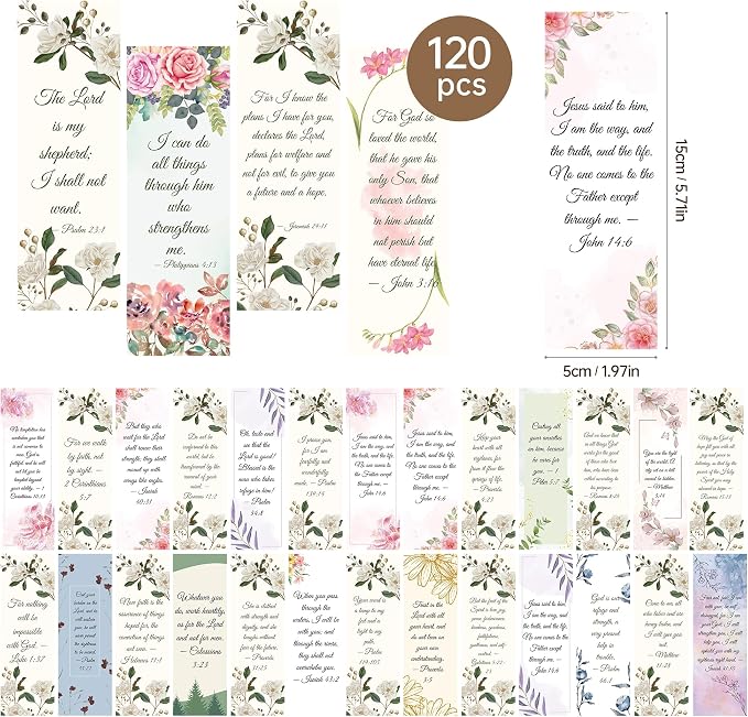 120 Pcs Bible Bookmarks Bulk, Christian Book Marks for Women with Scripture Verses Floral Design, Inspirational Religious Page Marker Clips for Church Bible Study Easter Mothers Day Graduation Gifts