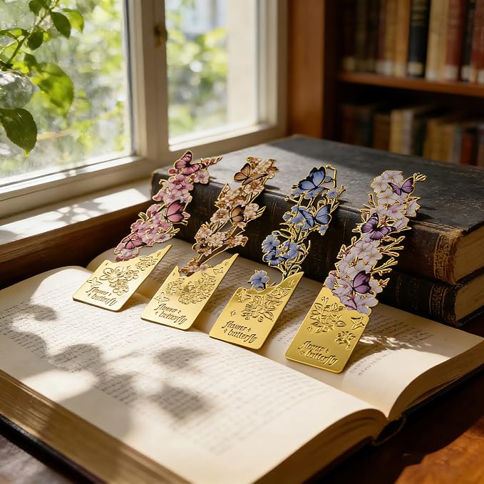 4 Pack Butterfly Flower Bookmarks - Hollow Metal Bookmarks for Book Lovers, Aesthetic Floral Book Markers, Durable Page Markers, Perfect Gift for Readers (Assorted Colors)