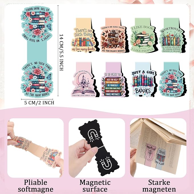 Bookish Magnetic Bookmark Gifts - 8 PCs Cute Bulk Book Marks Book Lover Charm Aesthetic Flower Magnets Page Markers for Reading Women Readers Students Teachers School Birthday Accessories