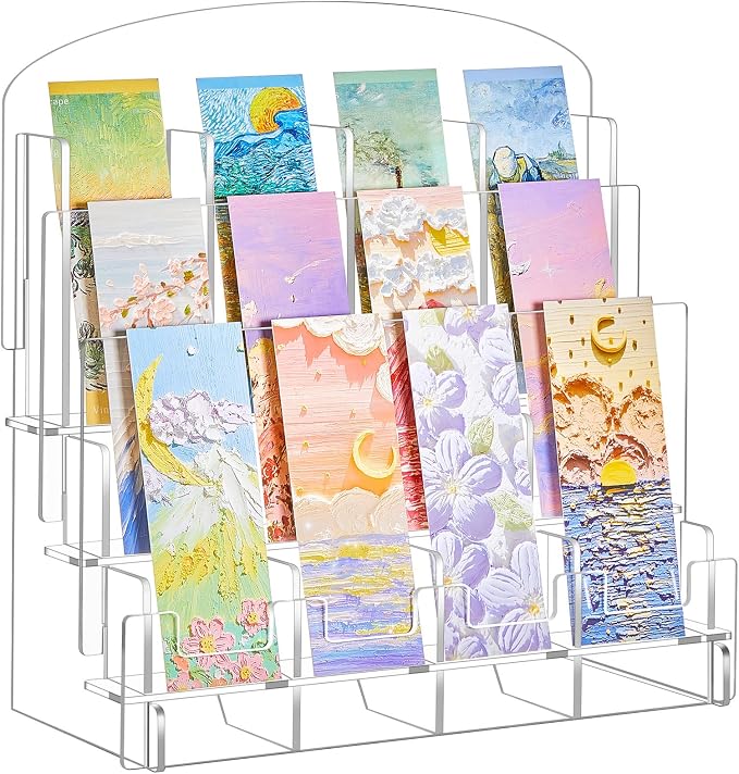 Yuntau Acrylic Bookmark Display, Adjustable 2. 2'' Bookmark Stand, Portable Sticker Holder, Curved Pockets Greeting Card Display for Business Vendor, Retail Store Shop(Detachable,12 Pockets)