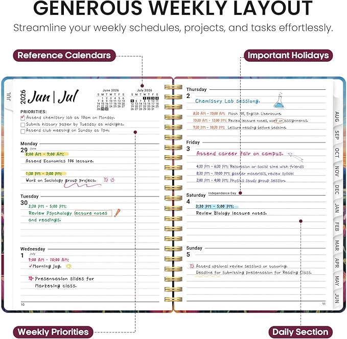 Planner 2026-2027, Academic Year Monthly and Weekly Calendar Planner, Jul 2026 - Jun 2027, Hardcover Teacher Student Planning Agenda book with Tabs, Perfect for School Office Supplies, 6.3" x 8.5" - Radiant Pastures