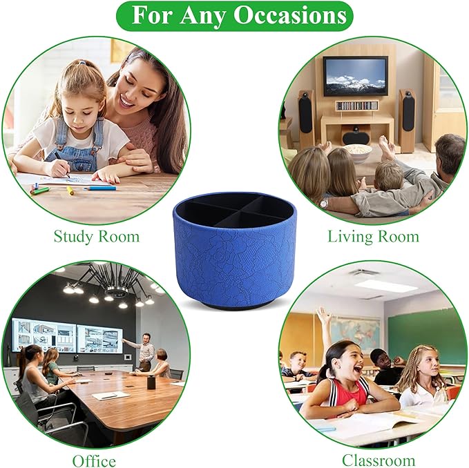 Round Leather Art Supply Organizer,Remote Control Holder,360 Degree Spinning,Multi-Functional Pencil Holder,4 Compartments Desktop Stationary Organizer(1-Lace Flower Blue)