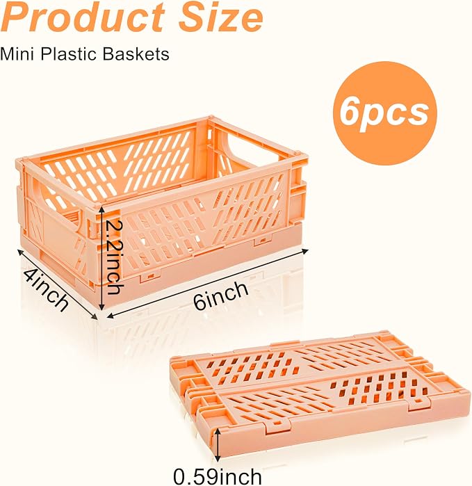 6 Pack Mini Foldable Small Plastic Baskets for Organizing and Storage，Collapsible Storage Crates,Mini Bins for Home Kitchen Bedroom Bathroom Office (Orange, Small 6x4x2.2)
