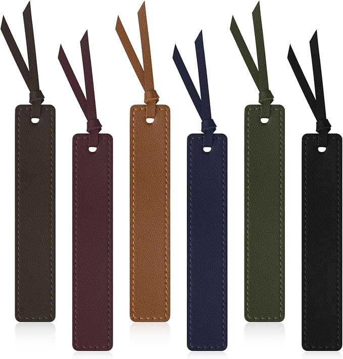 MIXVOVA 6 Pcs Leather Bookmark with Tassel, Classic Style Bookmark, 0.05 Inches Thin Handmade Stitched Bookmarks for Men, Book Marks for Reading, Gifts for Book Lovers, Readers (Dark Retro)