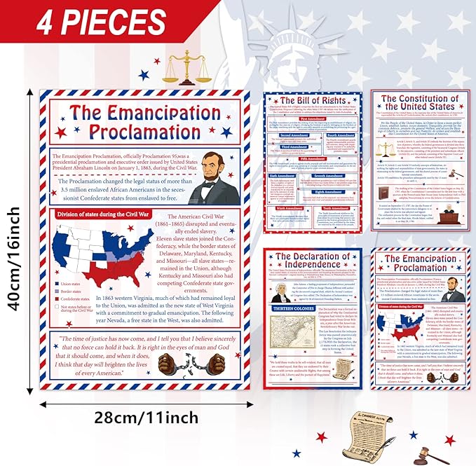 party greeting 4 Pcs Important Documents From US History Poster Set Social Studies Classroom Decorations Study Materials for Teachers Middle School and High School History Classroom Decorations