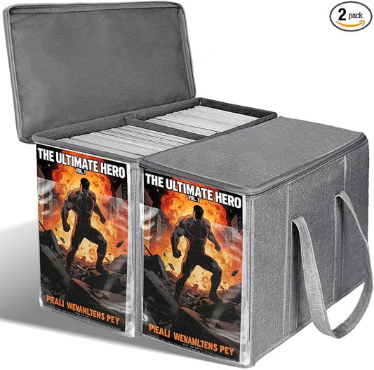 2 Pack Fabric Comic Book Storage Box, Sturdy Comic Book Holder with Adjustable Divider, Collapsible Book Organizer Holds 160-180 Comic Book Heavy Duty Bin Container, Gray