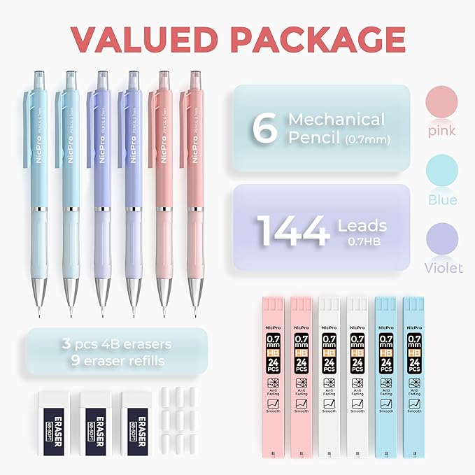 Nicpro 6PCS Mechanical Pencils 0.7 mm Set with Case,6 Tube HB Lead Refill, 3PCS Eraser, 9PCS Eraser Refill for School Supplies Cute Student Writing, Drafting