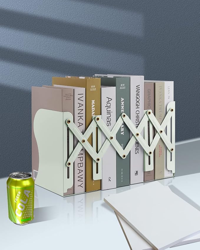 MSDADA Adjustable Bookends, Book Ends for Heavy Books, Expandable Book Organizer for Desk, Shelf, Office, School, for 6 7 8 9 10 11-15 Boys and Girls, Extends up to 19 inches (Macaron Green)
