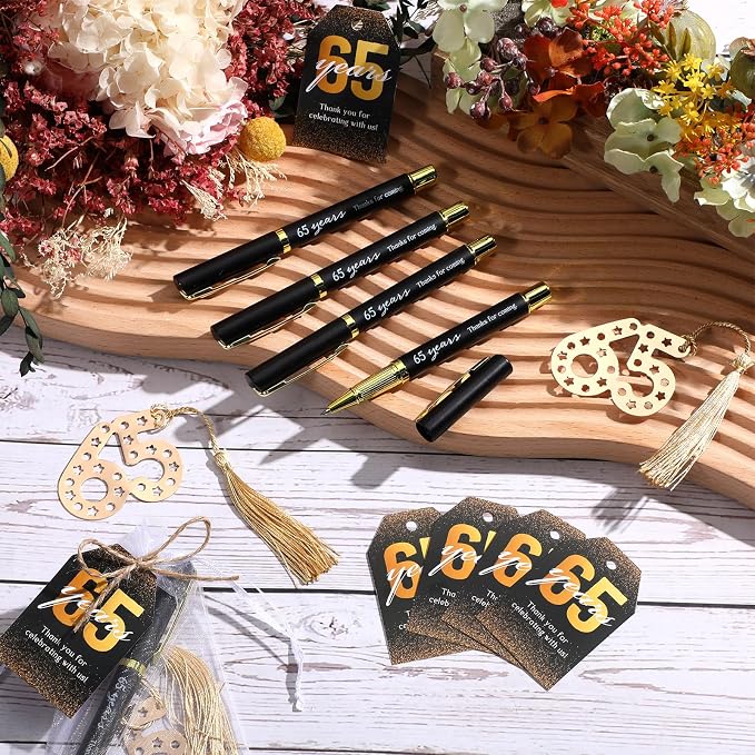 Spakon 25 Set 65th Birthday Party Favor for Guest Anniversary Party Favor Golden Birthday Bookmark Thanks Coming Pen with Tag Appreciation Gifts for Women Men Wedding Anniversary