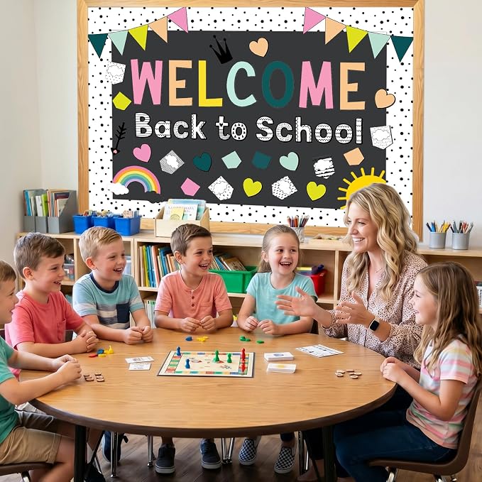 Mooliwe 94 Pcs Composition Notebook Classroom Decor Welcome Back to School Bulletin Board Set Checkered Classroom Decor Smile Face Stationery Paper Cutouts for First Day of School Wall Door(Cute)