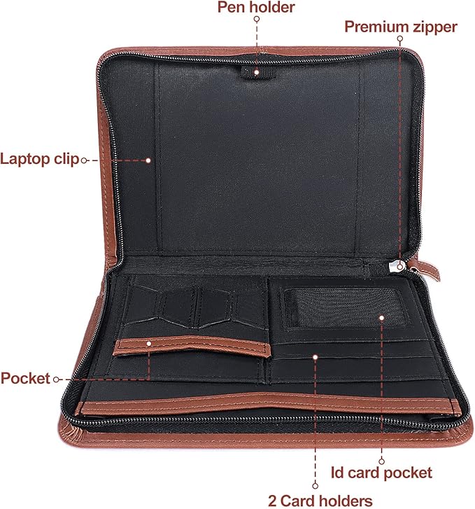 Godery Padfolio/Portfolio, Leather Zippered Padfolio Portfolio Binder 5 x 8 Legal Writing Pad, Professional Business Portfolio for Men & Women, Card Holder, Notepad Clipboard Holder (Brown-9.5 * 6.5)