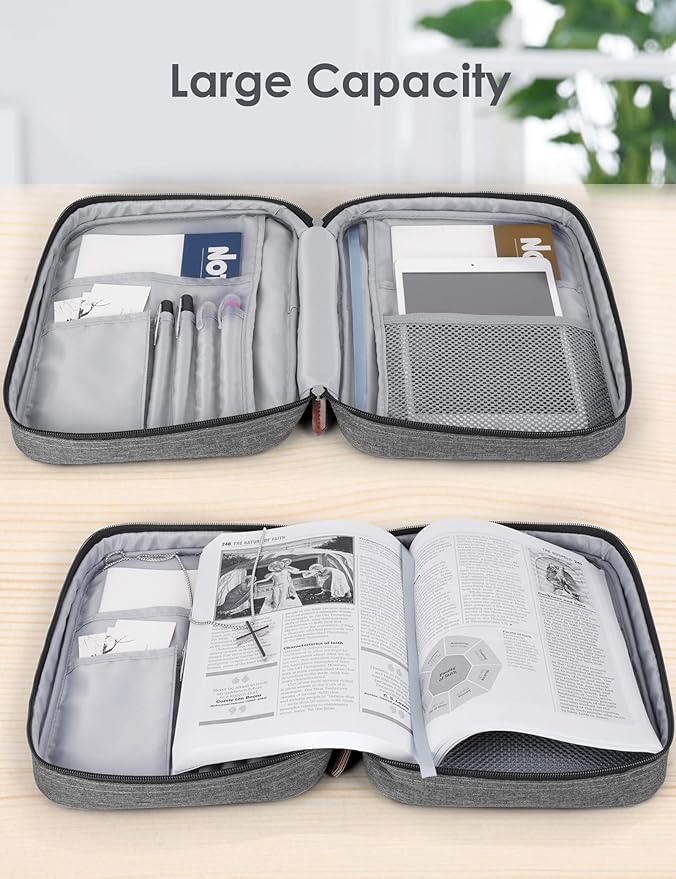 heouvo Bible Covers for Men, Bible Carrying Case with Pockets/Leather Handle, Multi-Functional Large Size Zippered Bible Bag, Great for Bible Study/Daily Use, Bible Case for Men (Gray)