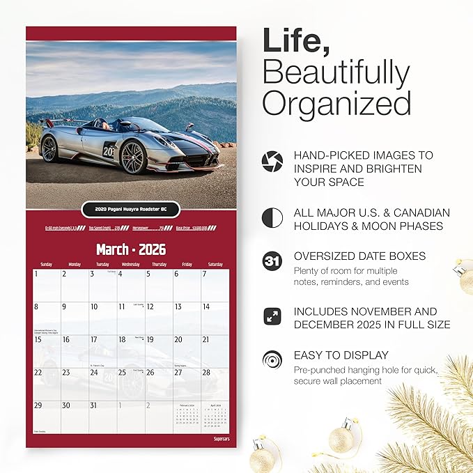 RED EMBER Select - Supercars 2026 Wall Calendar 12 Month | 12" x 24" Open | Thick & Sturdy Paper | Giftable | Luxury Exotic Sports Car Calendar 2026