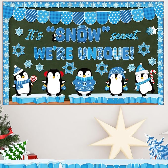 Pasimy Winter Penguin Bulletin Board Decorations January Bulletin Board Set Holiday Classroom Decor Snowflake Cutouts Border Trim for Kindergarten School Home Office Wall Door Party Supplies