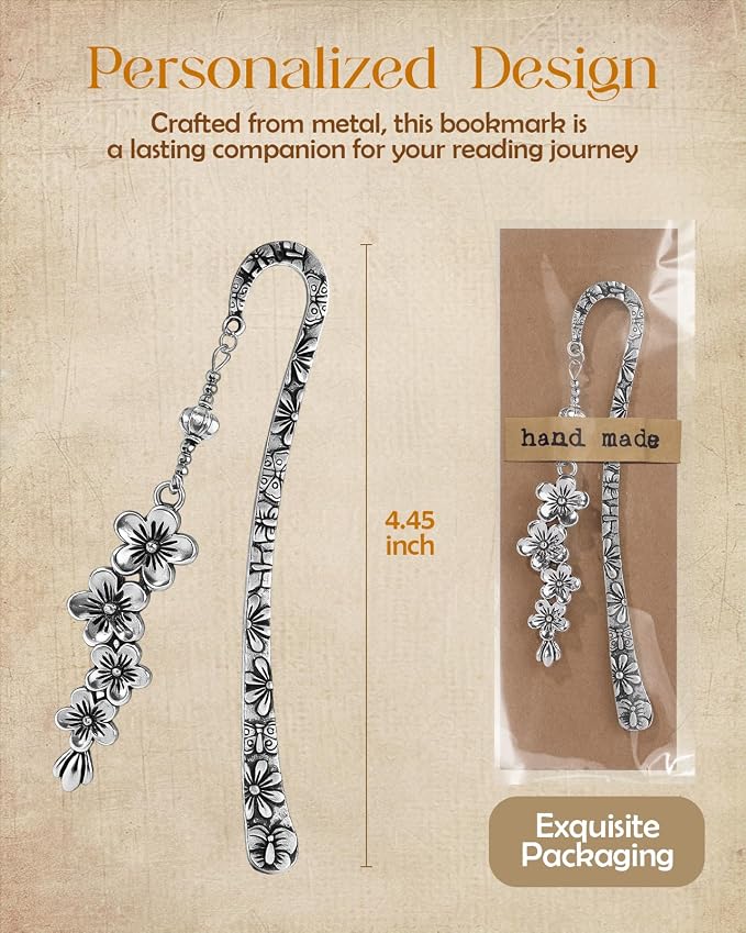 Buleens Bookmarks for Women Reading - Book Marks for Readers Book Lovers, Silver Feather Cherry Flower Personalized Metal Bookmark with Pendants, Pretty and Aesthetic Book Accessories Reading Gifts