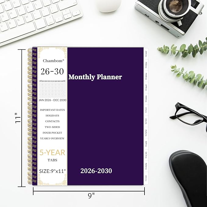 2026-2030 Monthly Planner 5 Year Monthly Planner/Calendar 2026-2030, Jan 2026 – Dec 2030, 9" x 11", Tabs, Double-Side Pocket, Holidays, Thick Paper - Purple