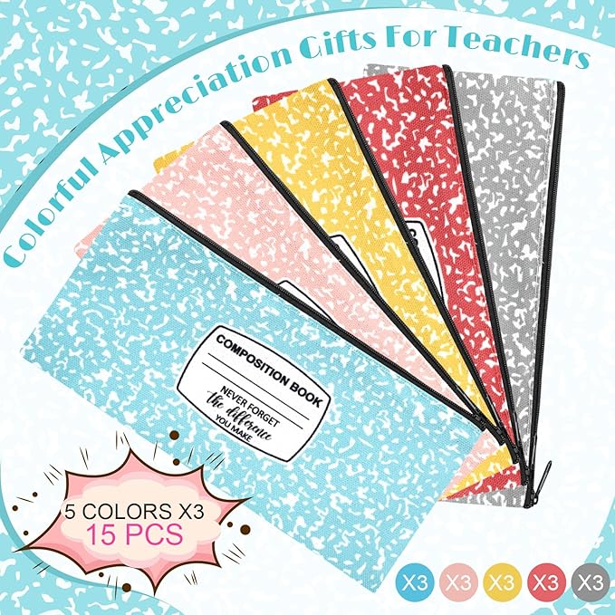 Epakh 15 Pcs Teacher Pencil Case Pouch 8.7 x 3.9 Inches Composition Teacher Appreciation Gifts Portable Pencil Bag with Zipper Multipurpose Cute Pen Pouch for Teachers Stationery Organizer (Soft)