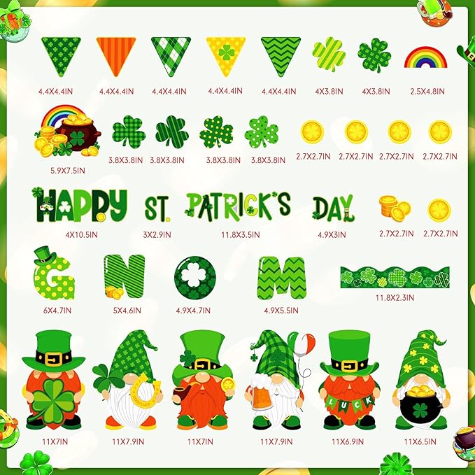 Pasimy St. Patrick's Day Bulletin Board Decorations Set Shamrocks Gold Coin 3D Rainbow Paper Cutouts Lucky Clover Bulletin Board Borders for Green Irish Holiday School Home Wall Decor(Gnome)