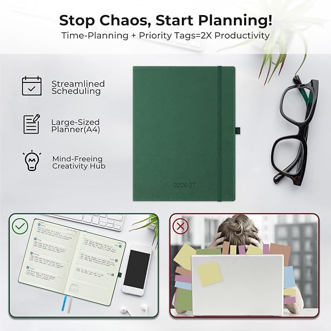 Weekly Monthly 2026-2027 Planner (July 26-Dec 27),11.5"x8.5",18 Months Agenda Plan with Month Tabs & Pocket,Expenses/Note Pages, Academic Calendar with Vegan Leather Cover,Green