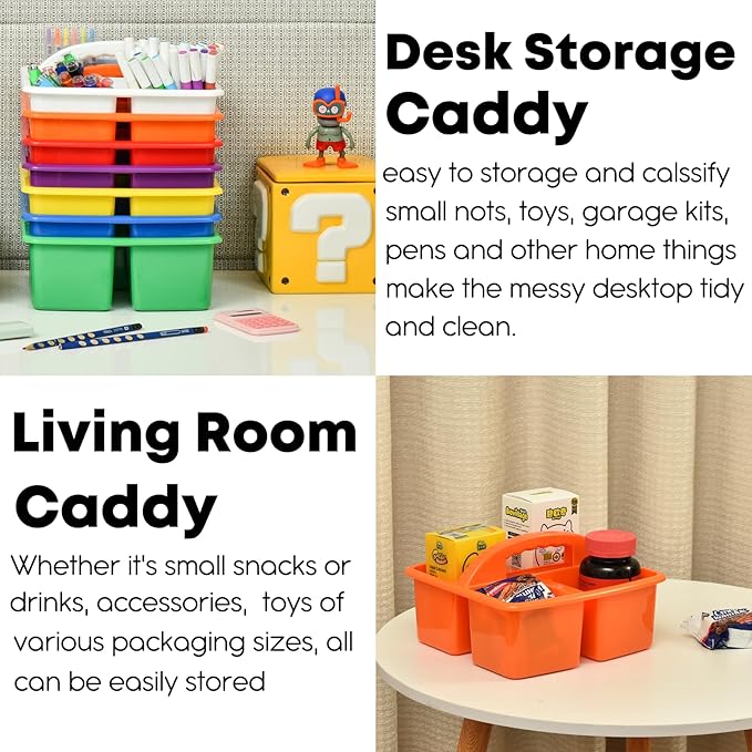 ALINK Plastic Classroom Caddy Organizer with Handle, 6-Pack 3 Compartments, Teacher Supply Storage Caddy for Classroom Organization, Table, Desk, Office, Craft Art for Kids - Assorted Colors