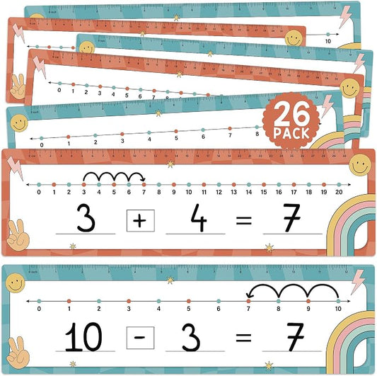 26 Pack Boho Groovy Number Line Dry Erase Boards Cards, 14"x4", Double-Sided, 0-10 on One Side & 0-20 on Other Side, Math Manipulatives for Student, Education Classroom Must Haves