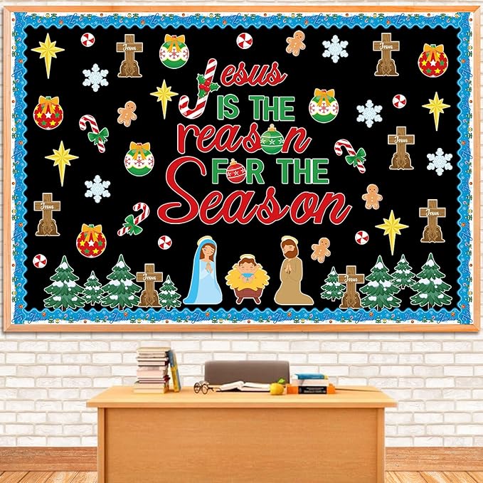 113Pcs Jesus is The Reason for The Season Cutouts Bulletin Board Decoration Set Christmas Trees Cross Snow Nativity Christian Faith Religious Sunday Classroom Chalkboard Wall Winter Party Decor