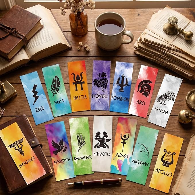Wxiben Greek Mythology Bookmarks Gifts - 70 Pcs Olympians Gods Bookmarks Paper The Gods of Ancient Greece Book Marks Page Marker Clip for Book Lovers Students Teacher Reading Bookish Party Favor