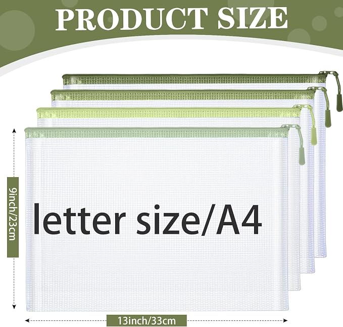 Feifeiya 24 Pack Sage Green Mesh Zipper Pouch Bags, A4 Size Clear Mesh Zipper Storage Bag Bulk for School Office Organization