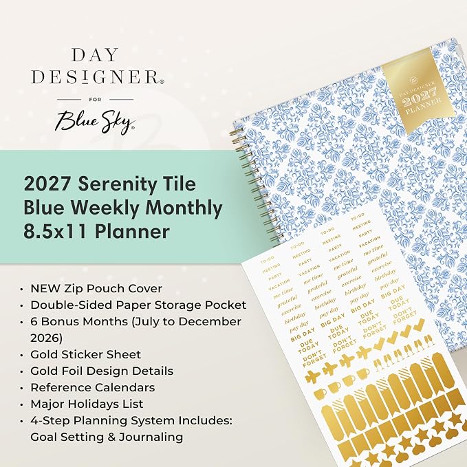 Blue Sky Day Designer 2027 Weekly and Monthly Planner Calendar, January 2027 - December 2027, 8.5" x 11", Flexible Cover With Zip Pouch, Durable Twin Wire Binding, With Stickers, Serenity Tile Blue