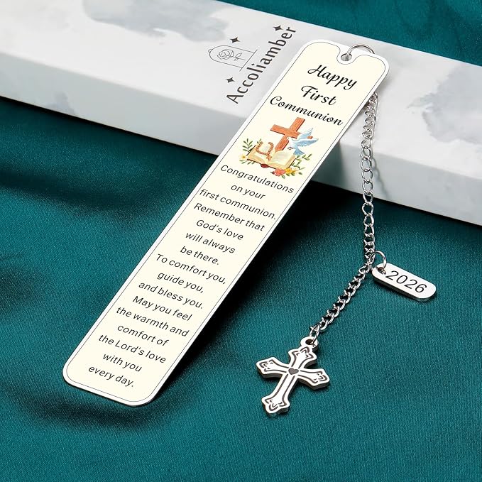 First Communion Gifts for Girls Boys 1st Communion Gifts for Catholic Goddaughter Godson Kids Teens Holy Communion Bookmark with Cross Charm Easter Basket Stuffers Baptism Confirmation Party Favors
